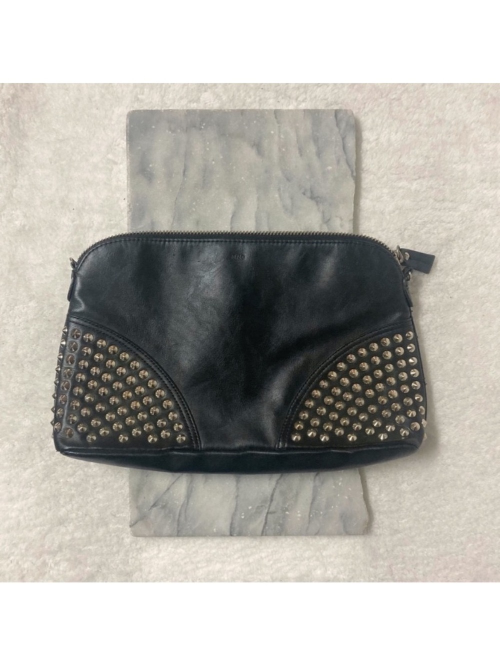 Mango Studded Faux Leather Clutch Zipper Bag  Black Evening Rocker Chic